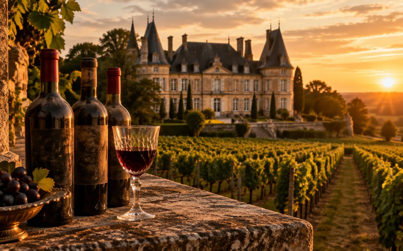Château bordelais au coucher du soleil devant ses vignes, avec des bouteilles anciennes et un verre de vin rouge