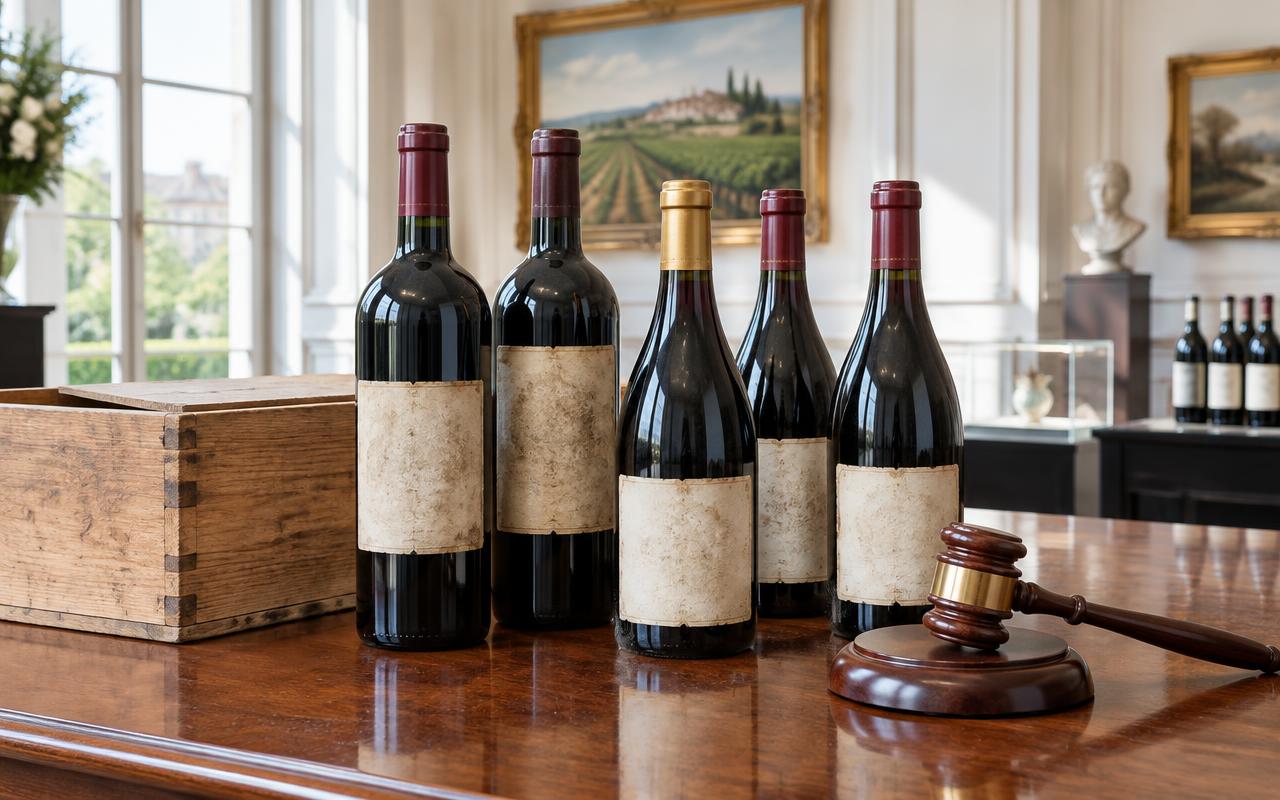 Illustration d’une vente aux enchères de grands vins : bouteilles anciennes, caisse en bois et marteau sur une table